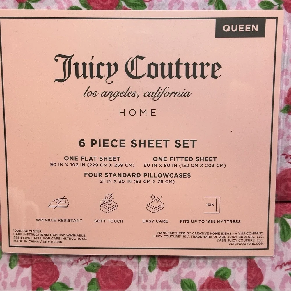Juicy Couture Queen Sheet Set Pink Rose Leopard 6 Piece Bedding Set New